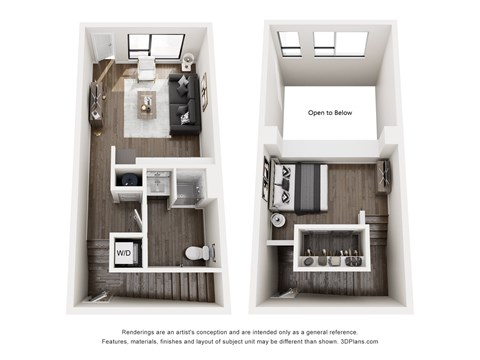 A floor plan of a small apartment with a kitchen, living room, and bathroom.